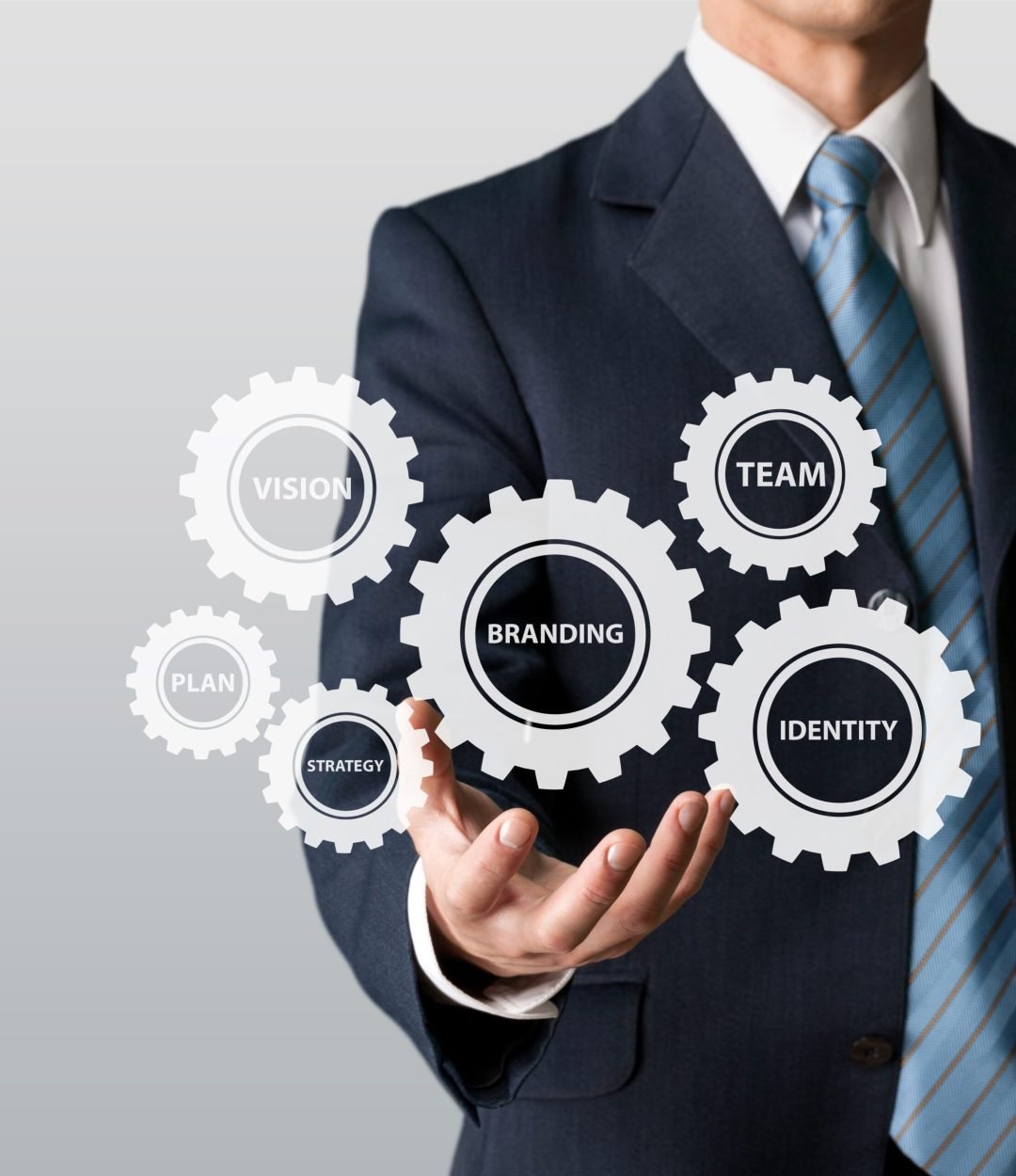 Business hand pointing branding concept by gear