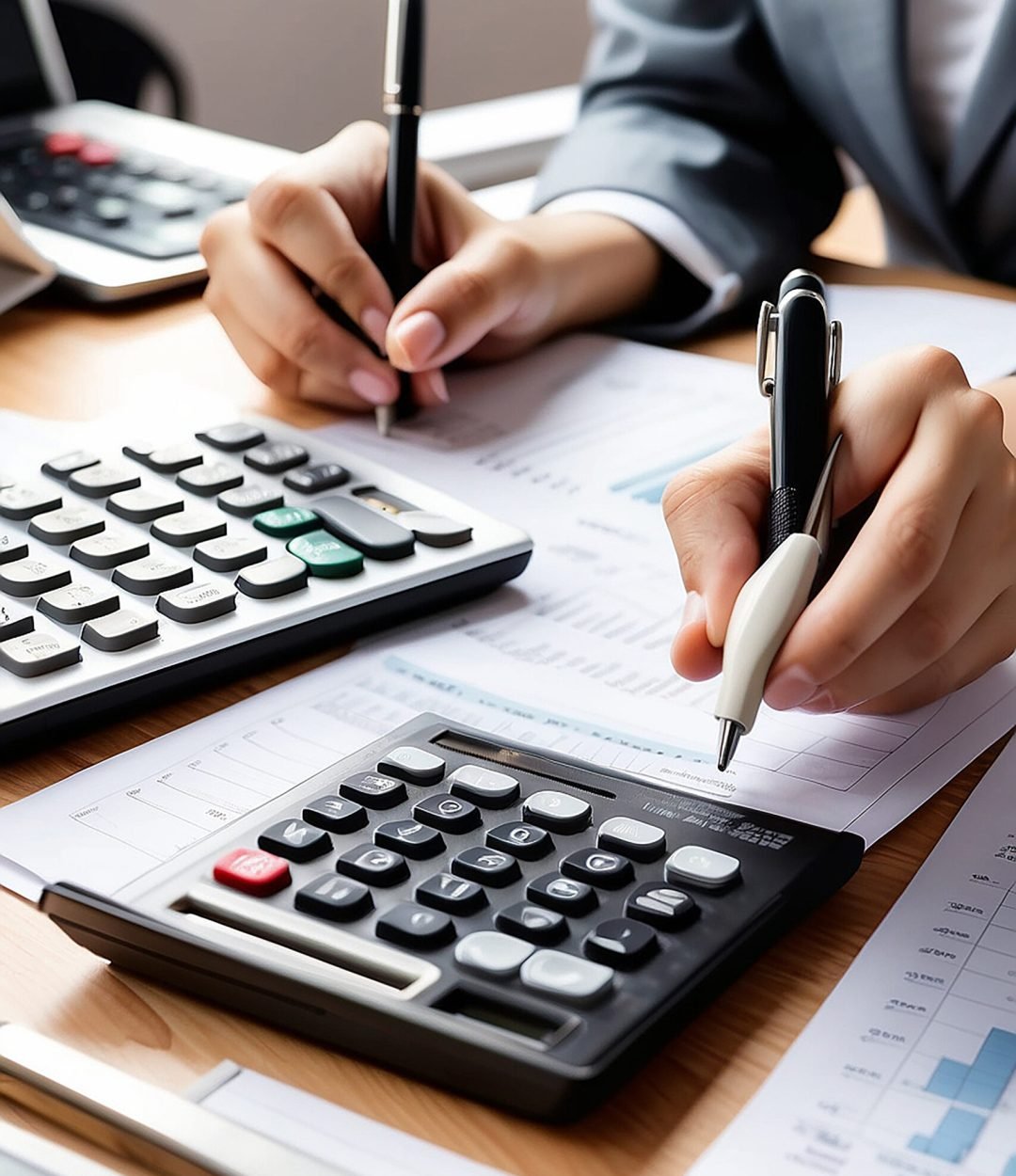Business woman using calculator for do math finance on wooden desk in office and business working background, tax, accounting, statistics and analytic research concept.
