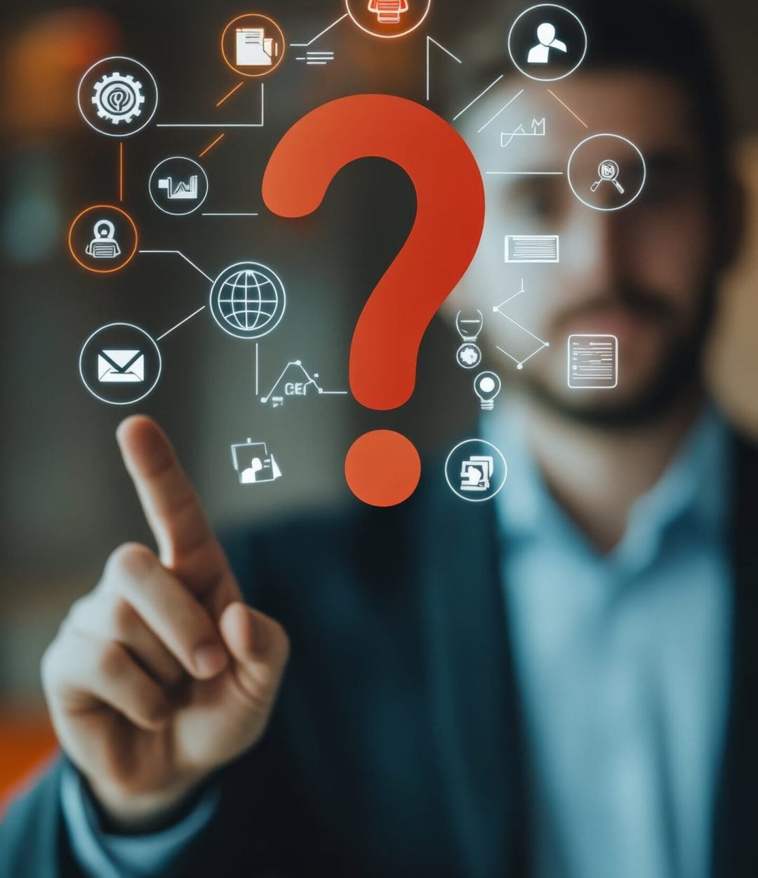 Businessman interacting with digital question mark icons on a virtual interface. Concept of inquiry, technology, and decision-making.